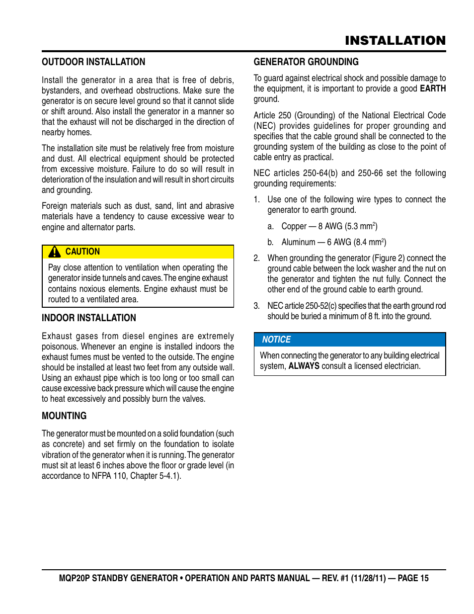 Installation | Multiquip 20 KW Standby Generator MQP20P User Manual | Page 15 / 80