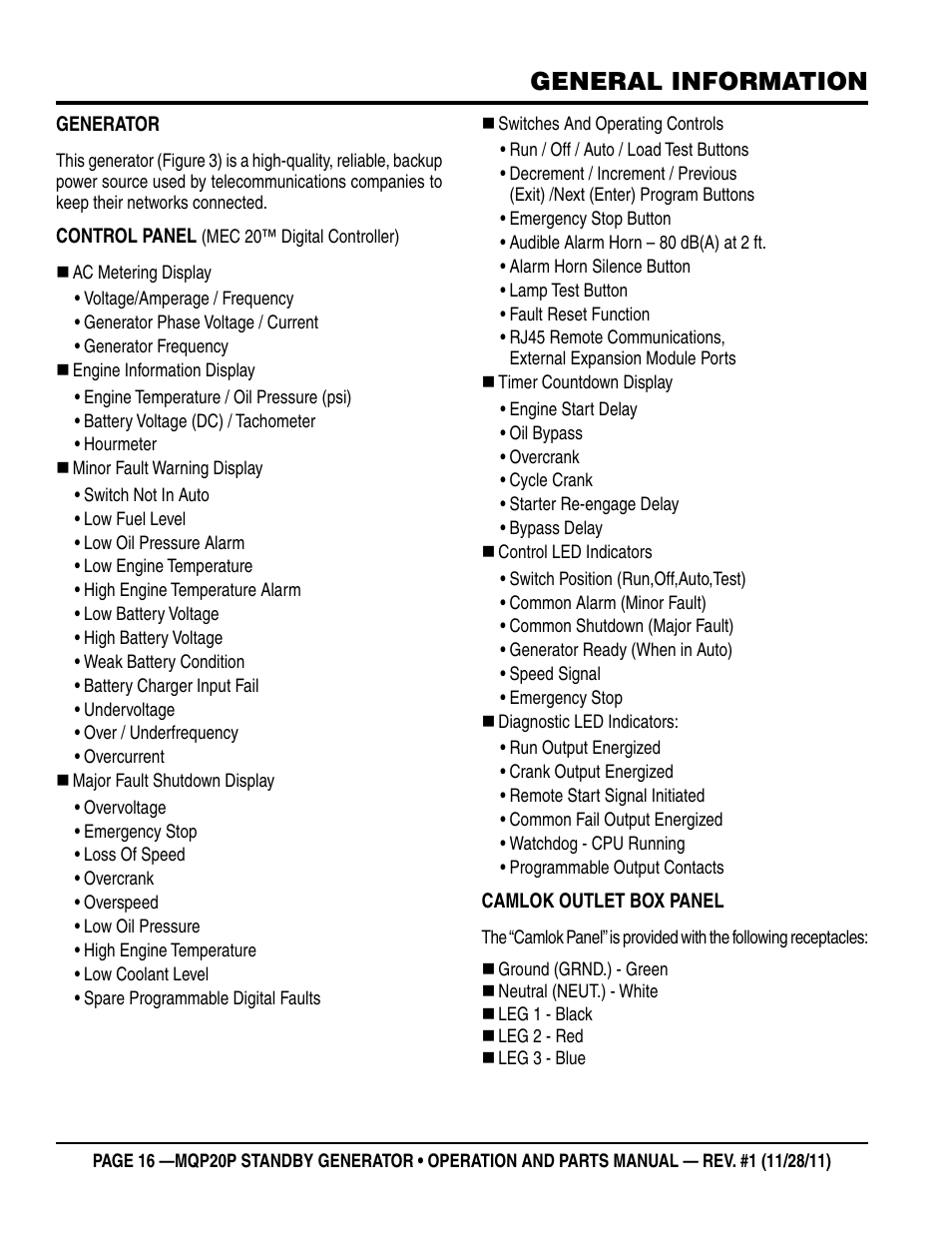 General information | Multiquip 20 KW Standby Generator MQP20P User Manual | Page 16 / 80