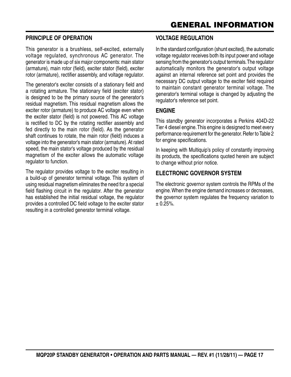 General information | Multiquip 20 KW Standby Generator MQP20P User Manual | Page 17 / 80