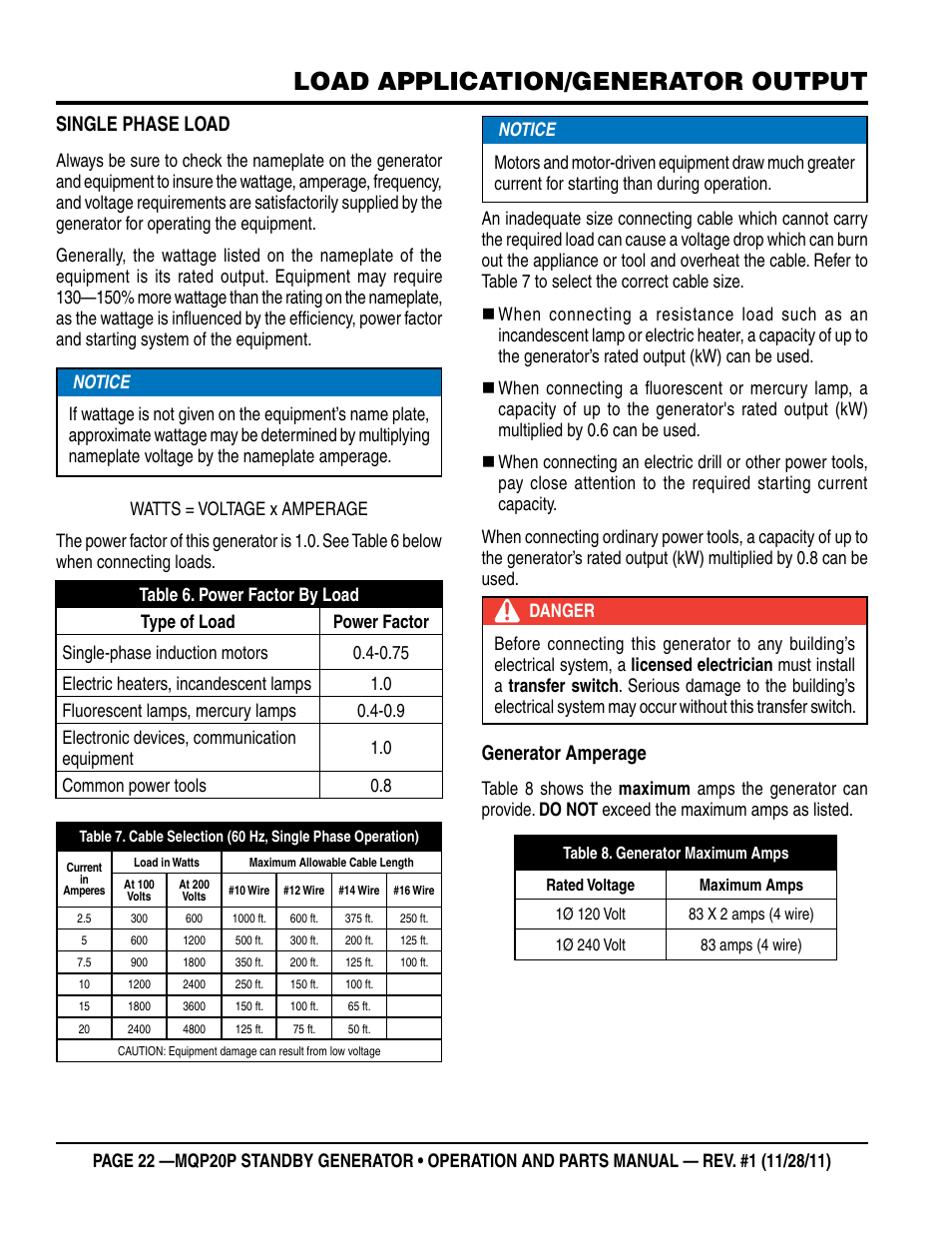 Load application/generator output, Single phase load, Generator amperage | Multiquip 20 KW Standby Generator MQP20P User Manual | Page 22 / 80