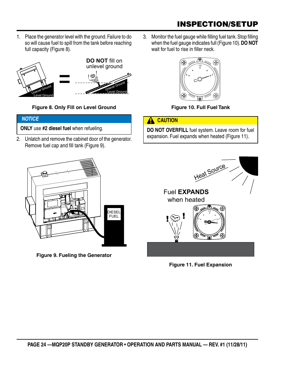 Inspection/setup, Heat source fuel expands when heated | Multiquip 20 KW Standby Generator MQP20P User Manual | Page 24 / 80