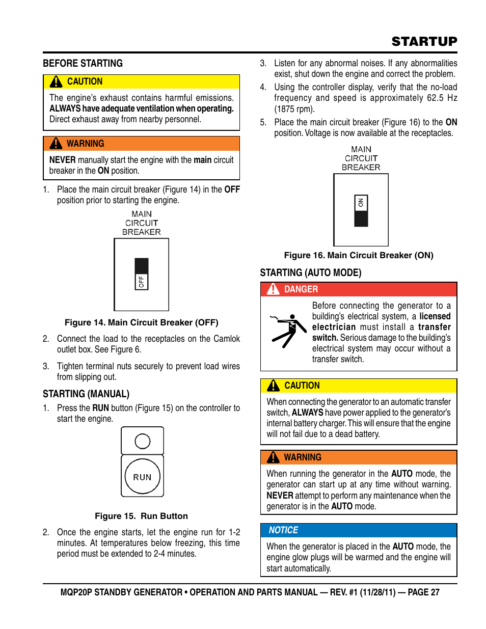 Startup | Multiquip 20 KW Standby Generator MQP20P User Manual | Page 27 / 80