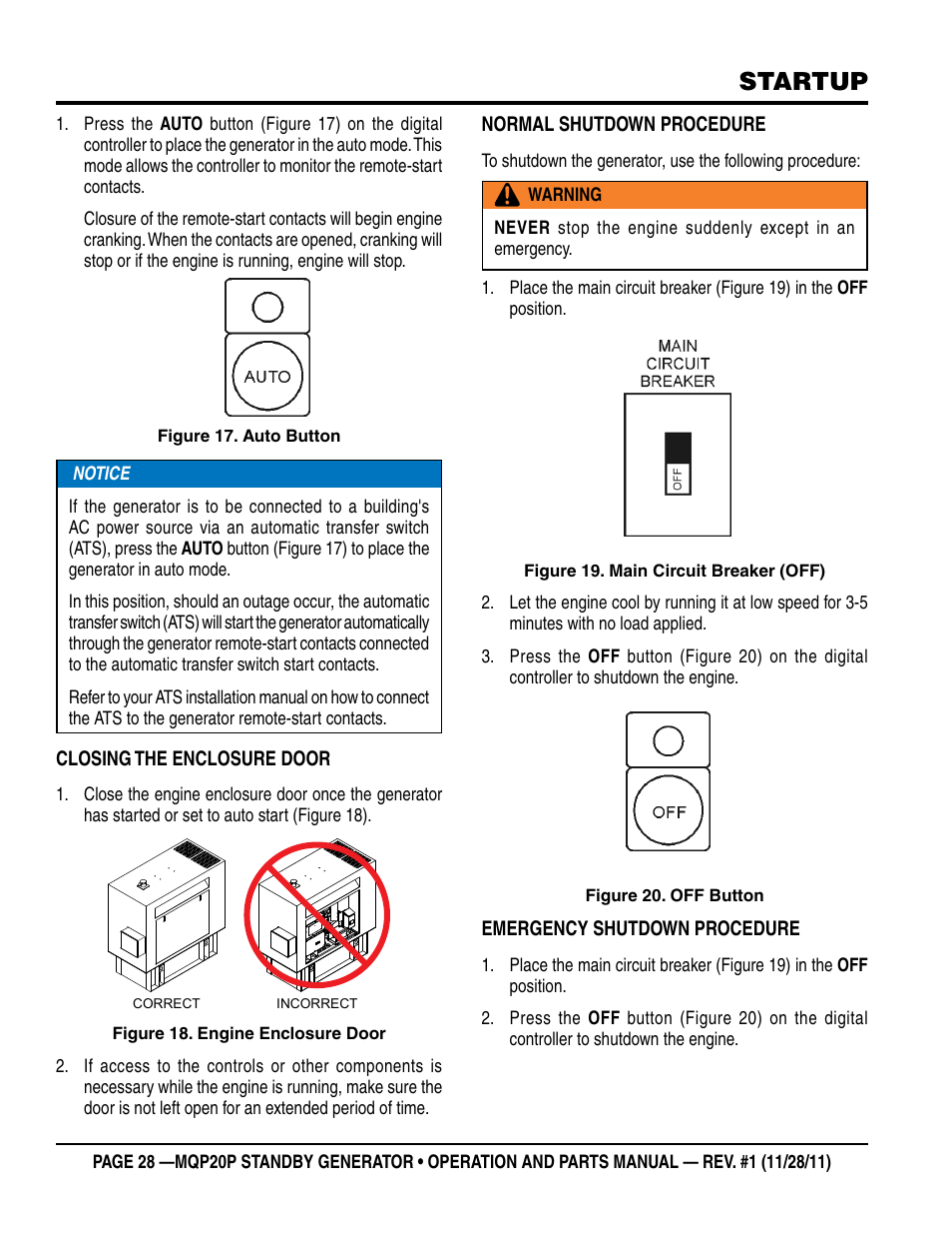 Startup | Multiquip 20 KW Standby Generator MQP20P User Manual | Page 28 / 80