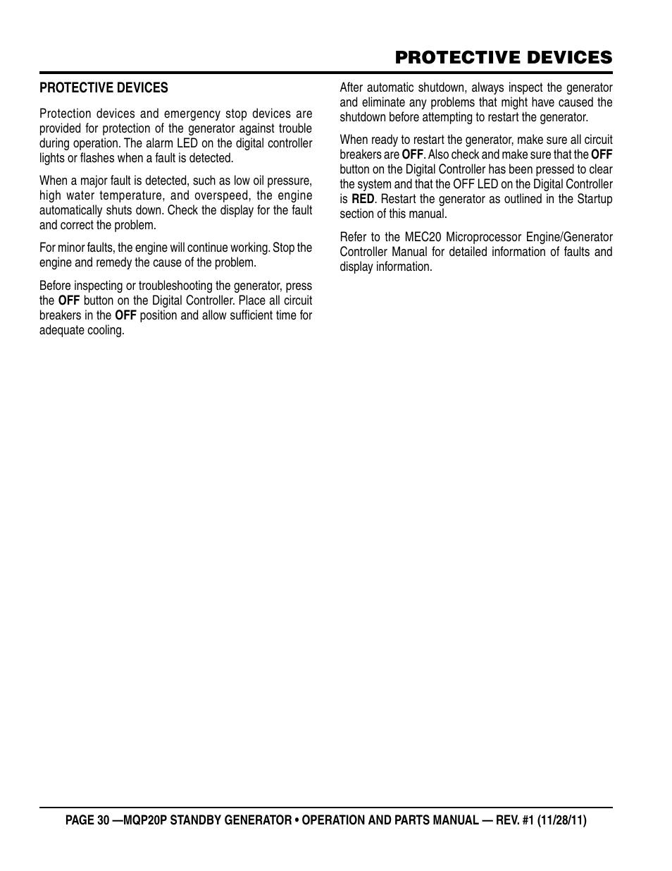 Protective devices | Multiquip 20 KW Standby Generator MQP20P User Manual | Page 30 / 80
