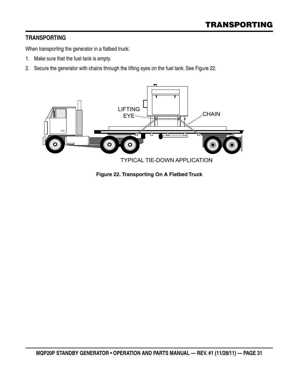 Transporting | Multiquip 20 KW Standby Generator MQP20P User Manual | Page 31 / 80