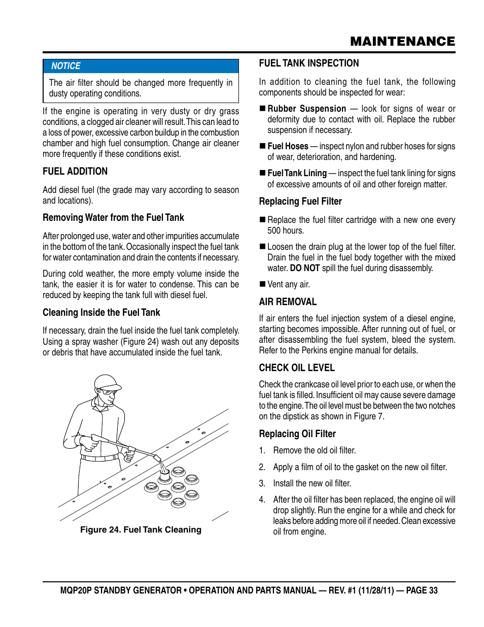 Maintenance | Multiquip 20 KW Standby Generator MQP20P User Manual | Page 33 / 80