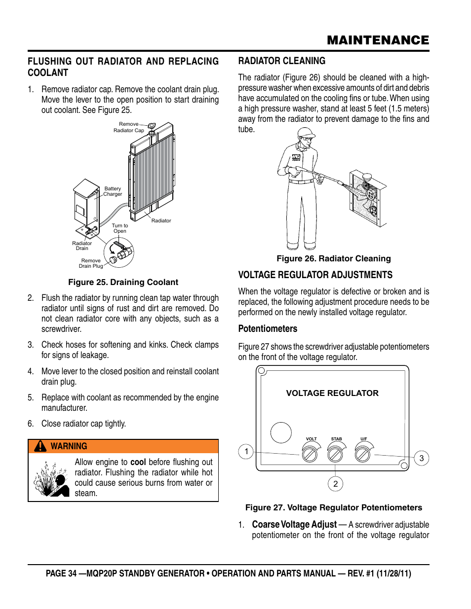 Maintenance, Flushing out radiator and replacing coolant, Radiator cleaning | Voltage regulator adjustments, Potentiometers, Coarse voltage adjust | Multiquip 20 KW Standby Generator MQP20P User Manual | Page 34 / 80