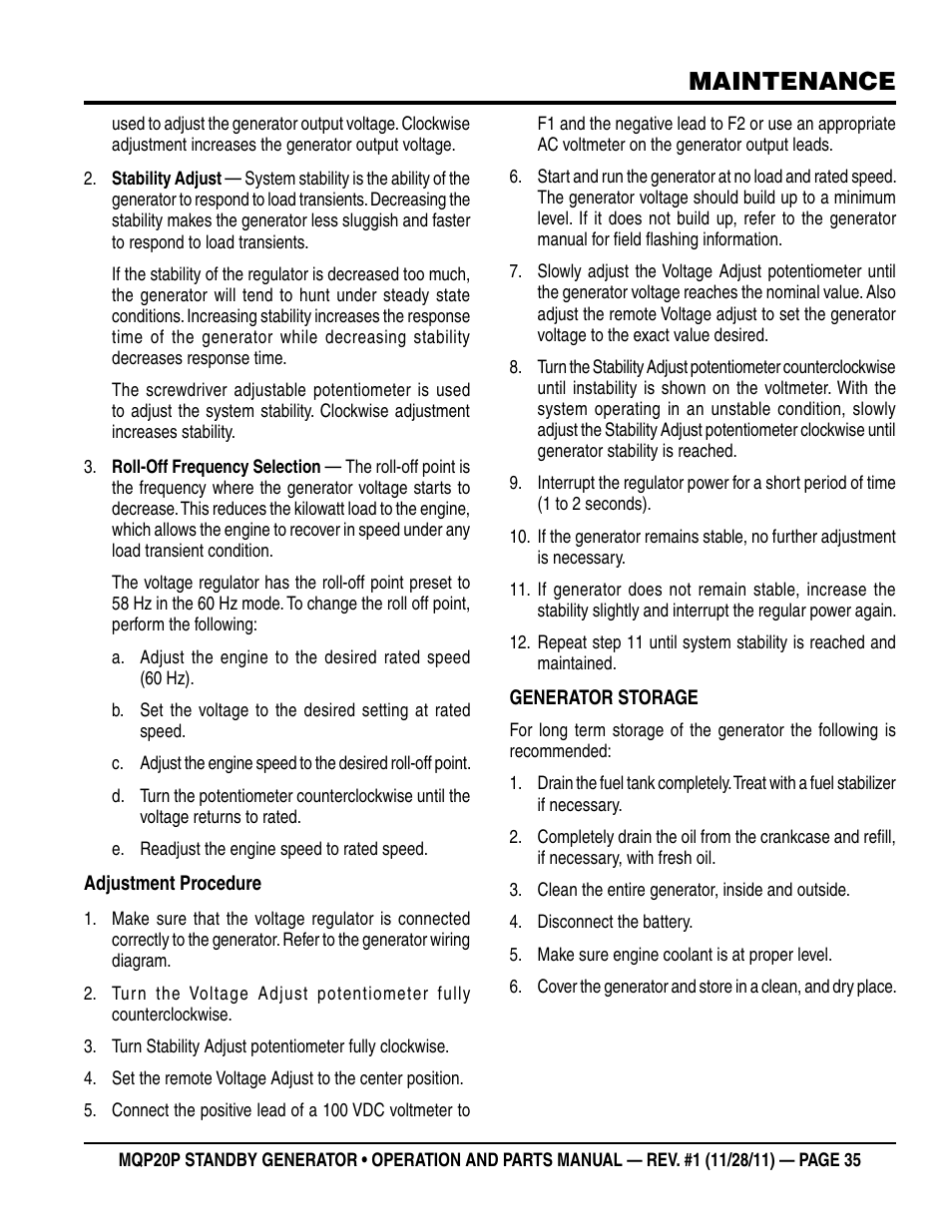 Maintenance | Multiquip 20 KW Standby Generator MQP20P User Manual | Page 35 / 80