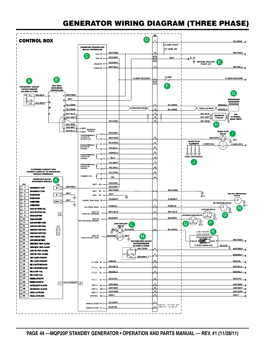 Generator wiring diagram (three phase) | Multiquip 20 KW Standby Generator MQP20P User Manual | Page 44 / 80
