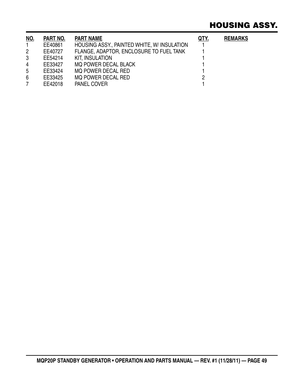 Housing assy | Multiquip 20 KW Standby Generator MQP20P User Manual | Page 49 / 80