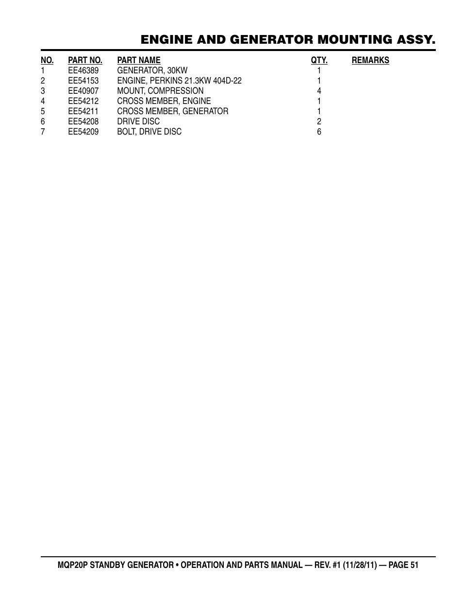 Engine and generator mounting assy | Multiquip 20 KW Standby Generator MQP20P User Manual | Page 51 / 80