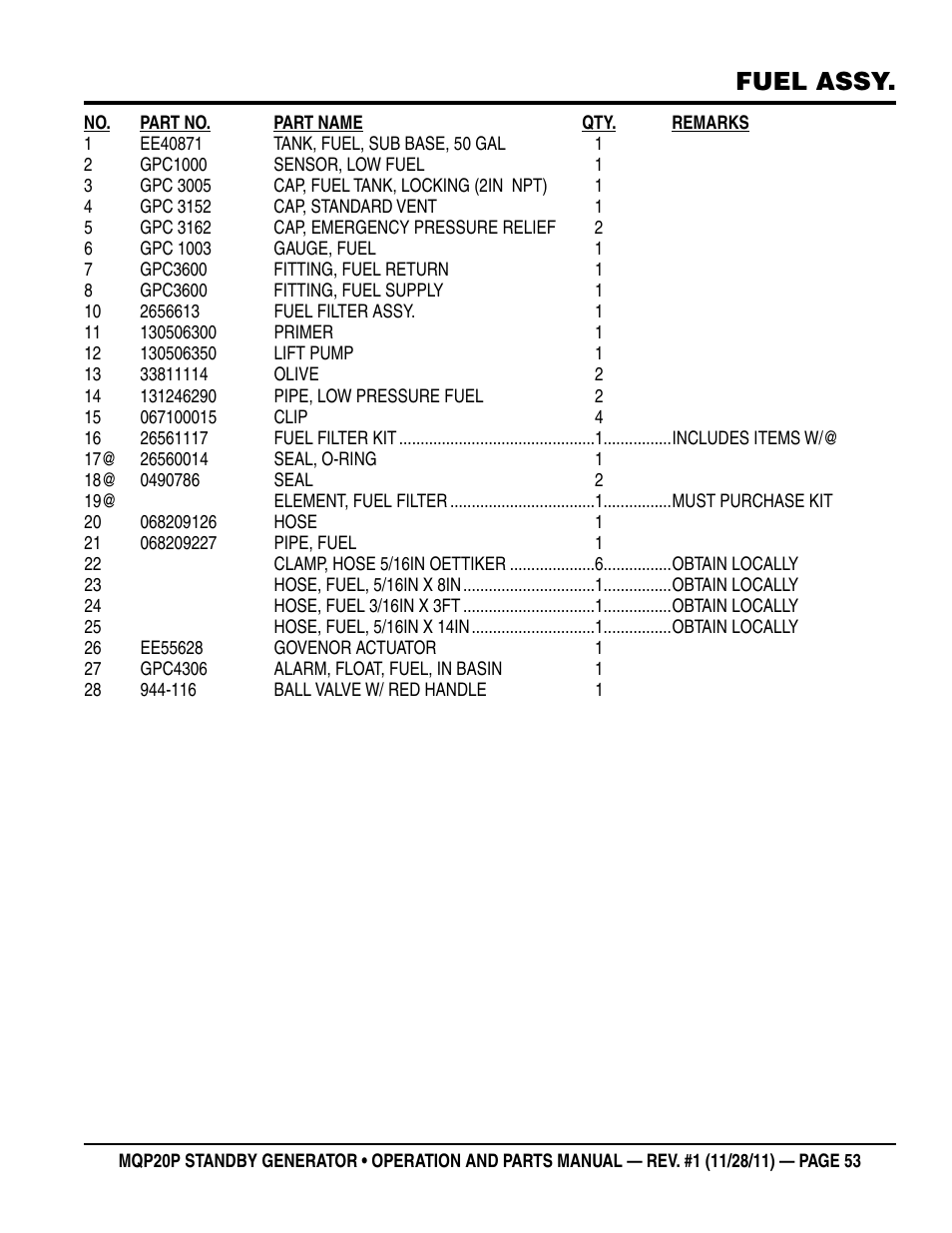 Fuel assy | Multiquip 20 KW Standby Generator MQP20P User Manual | Page 53 / 80