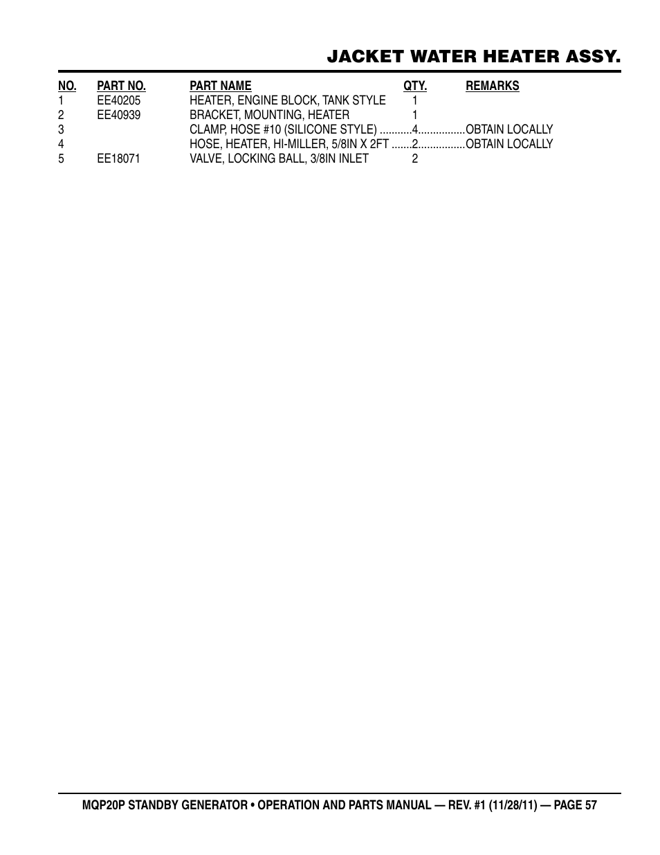 Jacket water heater assy | Multiquip 20 KW Standby Generator MQP20P User Manual | Page 57 / 80