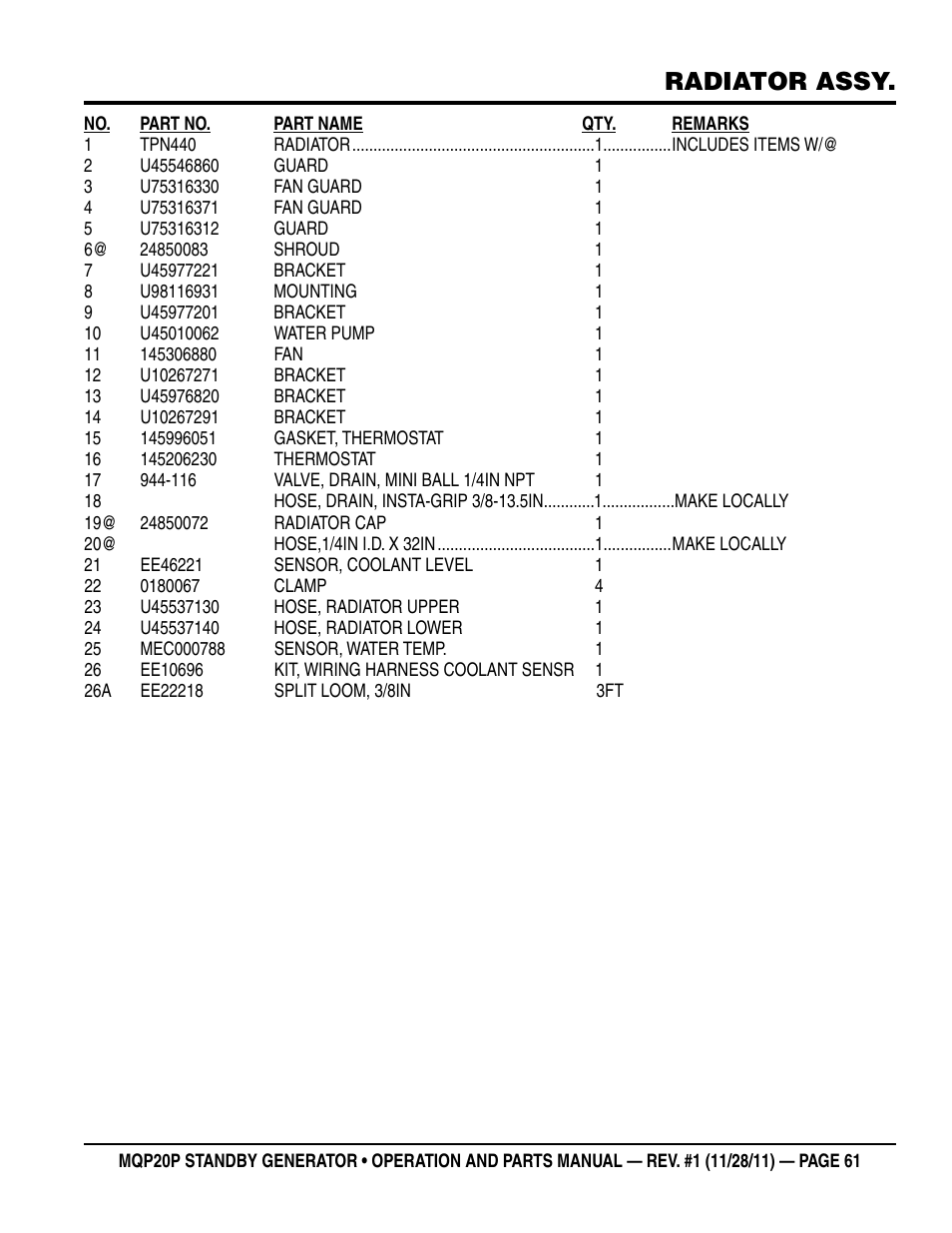 Radiator assy | Multiquip 20 KW Standby Generator MQP20P User Manual | Page 61 / 80