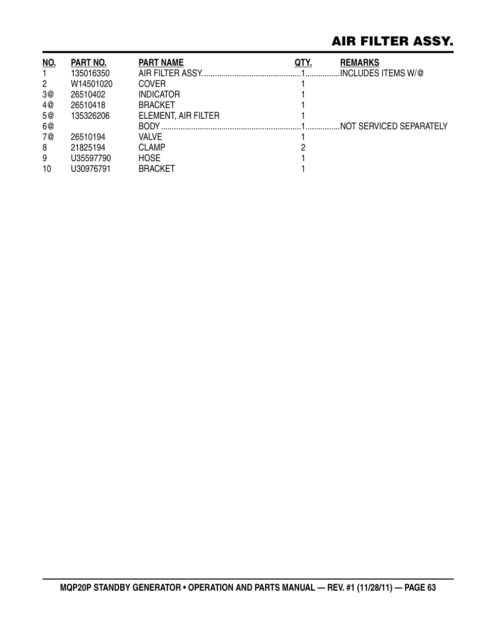 Air filter assy | Multiquip 20 KW Standby Generator MQP20P User Manual | Page 63 / 80