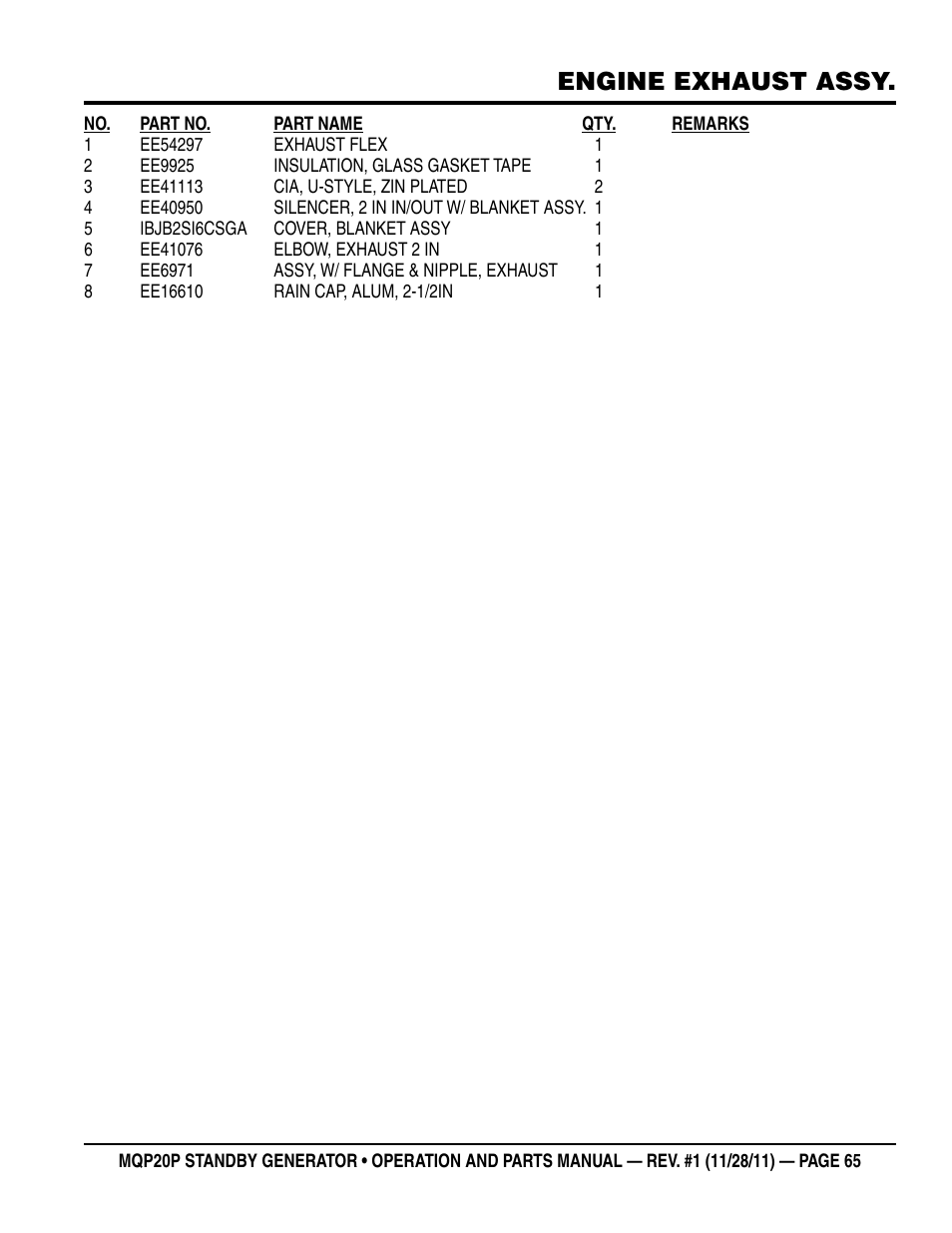 Engine exhaust assy | Multiquip 20 KW Standby Generator MQP20P User Manual | Page 65 / 80