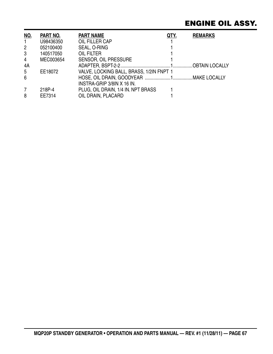 Engine oil assy | Multiquip 20 KW Standby Generator MQP20P User Manual | Page 67 / 80