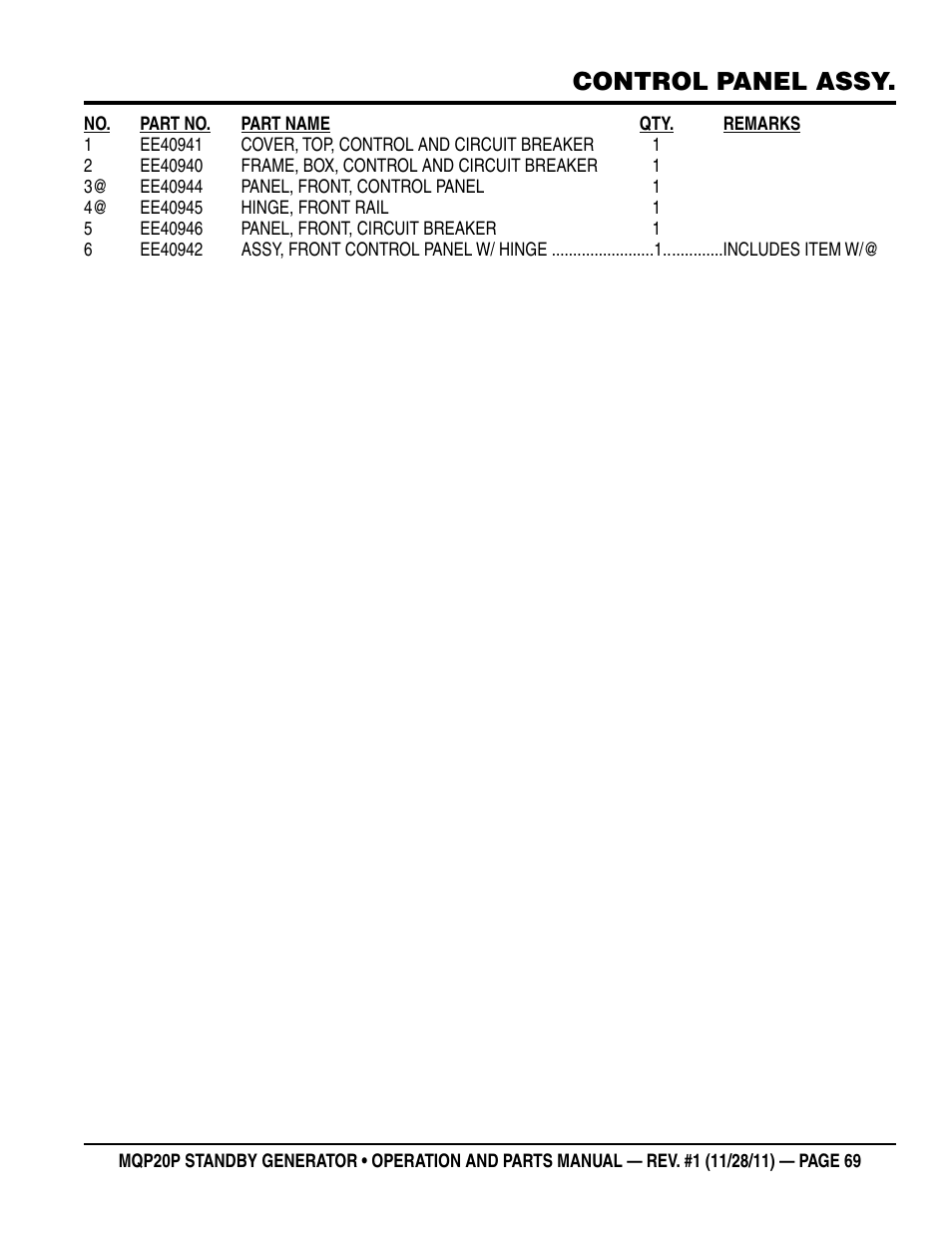 Control panel assy | Multiquip 20 KW Standby Generator MQP20P User Manual | Page 69 / 80