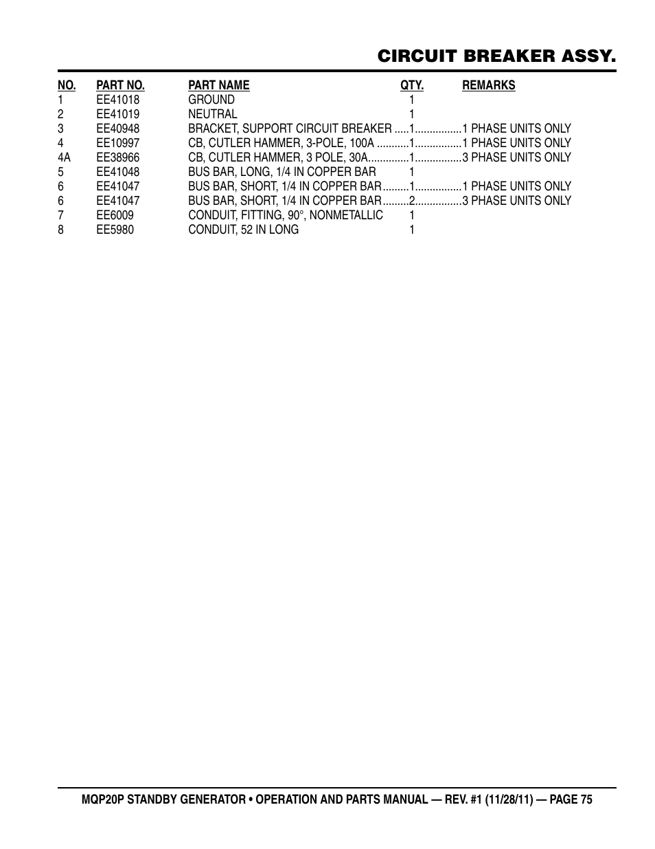Circuit breaker assy | Multiquip 20 KW Standby Generator MQP20P User Manual | Page 75 / 80