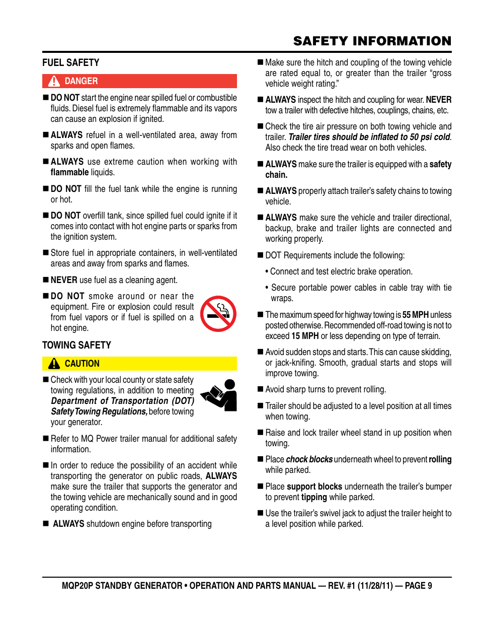 Safety information | Multiquip 20 KW Standby Generator MQP20P User Manual | Page 9 / 80