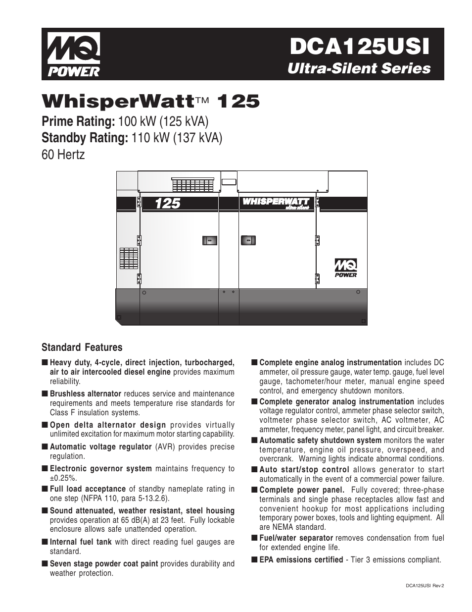 Multiquip Ultra-Silent Series WhisperWattTM DCA125USI User Manual | 4 pages