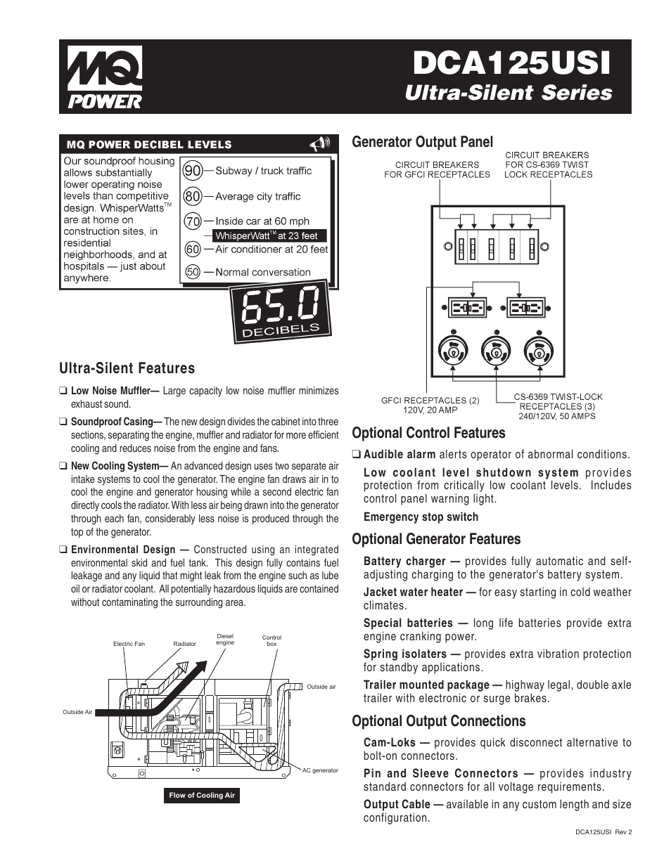 Dca125usi, Ultra-silent series, Ultra-silent features | Optional control features, Optional generator features, Optional output connections, Generator output panel | Multiquip Ultra-Silent Series WhisperWattTM DCA125USI User Manual | Page 3 / 4