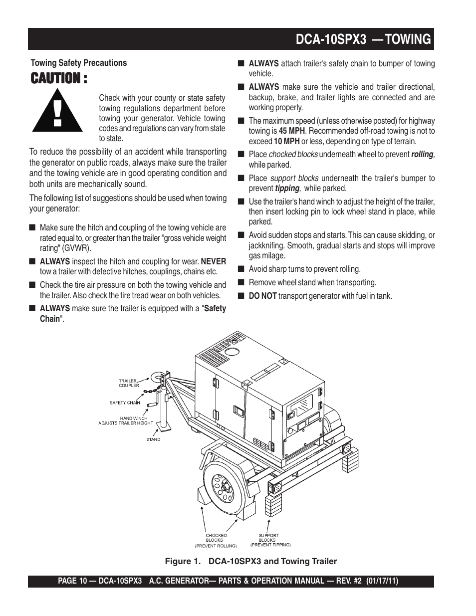 Dca-10spx3 — towing, Caution | Multiquip MQ Multiquip MQPower 60Hz Generator DCA10SPX3 User Manual | Page 10 / 126