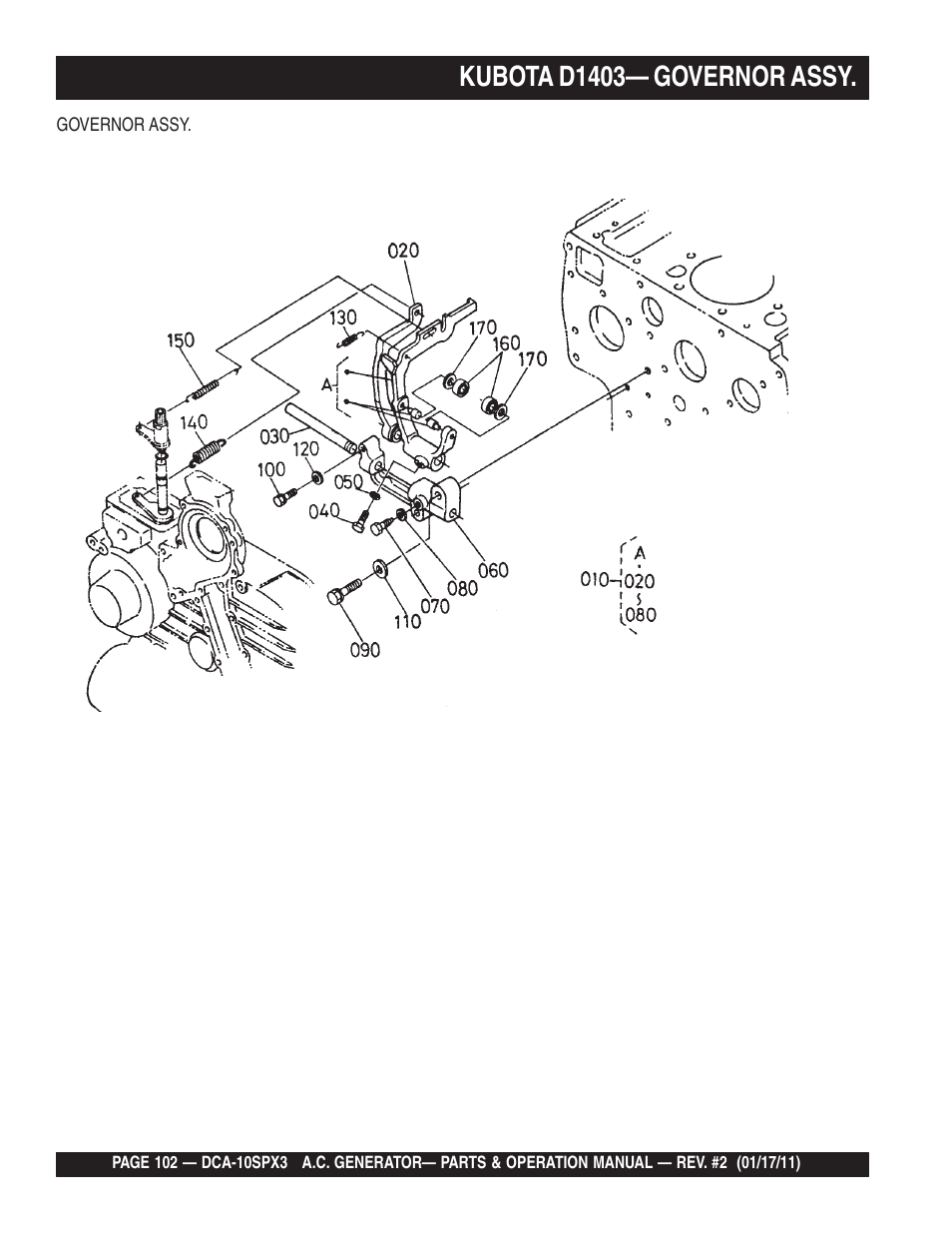 Kubota d1403— governor assy | Multiquip MQ Multiquip MQPower 60Hz Generator DCA10SPX3 User Manual | Page 102 / 126