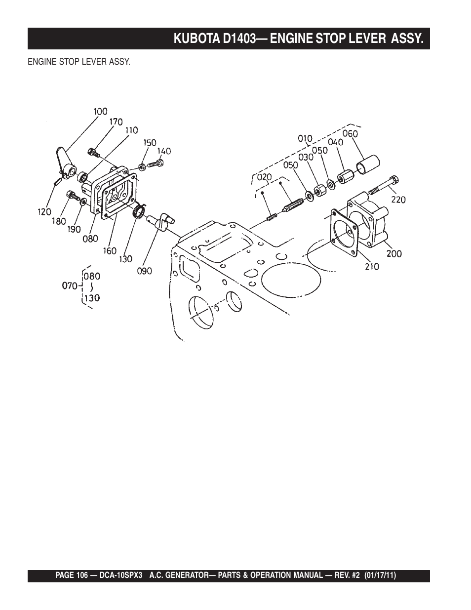 Kubota d1403— engine stop lever assy | Multiquip MQ Multiquip MQPower 60Hz Generator DCA10SPX3 User Manual | Page 106 / 126