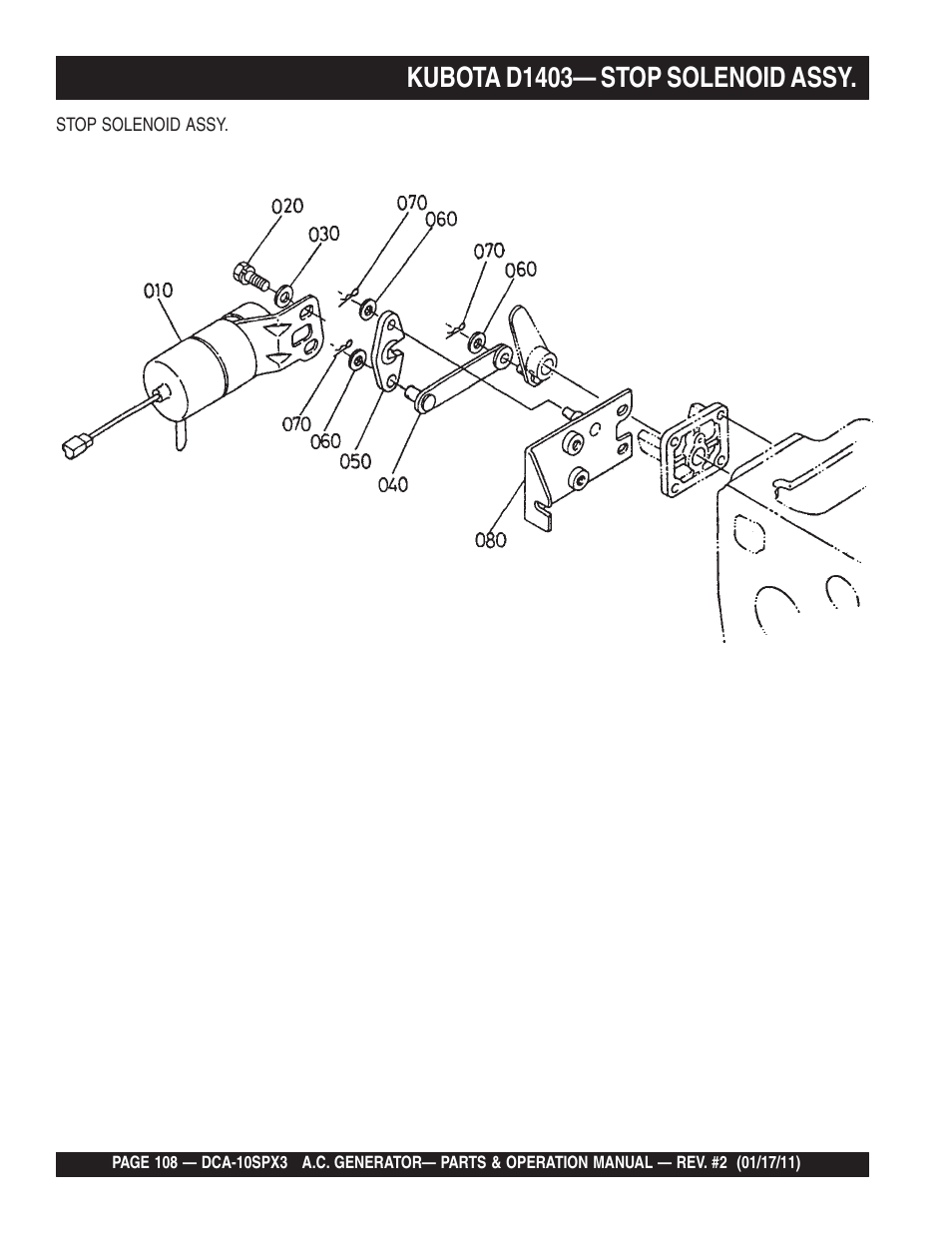 Kubota d1403— stop solenoid assy | Multiquip MQ Multiquip MQPower 60Hz Generator DCA10SPX3 User Manual | Page 108 / 126