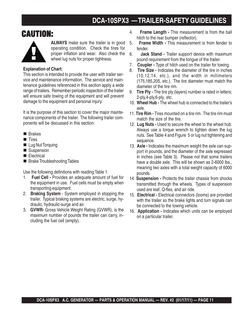 Caution, Dca-10spx3 — trailer-safety guidelines | Multiquip MQ Multiquip MQPower 60Hz Generator DCA10SPX3 User Manual | Page 11 / 126