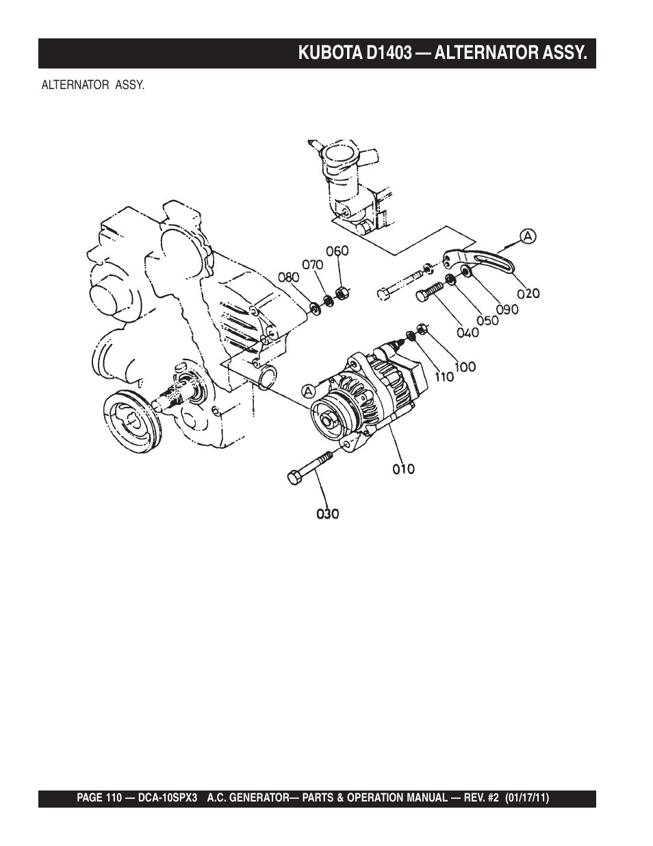 Kubota d1403 — alternator assy | Multiquip MQ Multiquip MQPower 60Hz Generator DCA10SPX3 User Manual | Page 110 / 126