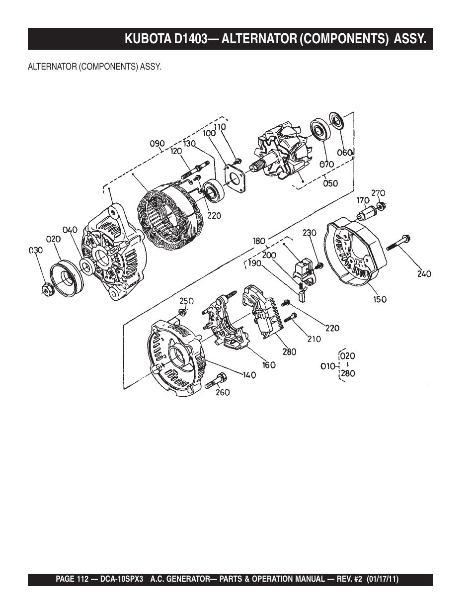 Kubota d1403— alternator (components) assy | Multiquip MQ Multiquip MQPower 60Hz Generator DCA10SPX3 User Manual | Page 112 / 126