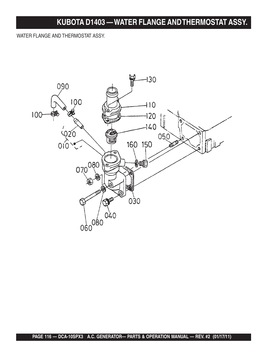 Kubota d1403 — water flange and thermostat assy | Multiquip MQ Multiquip MQPower 60Hz Generator DCA10SPX3 User Manual | Page 116 / 126