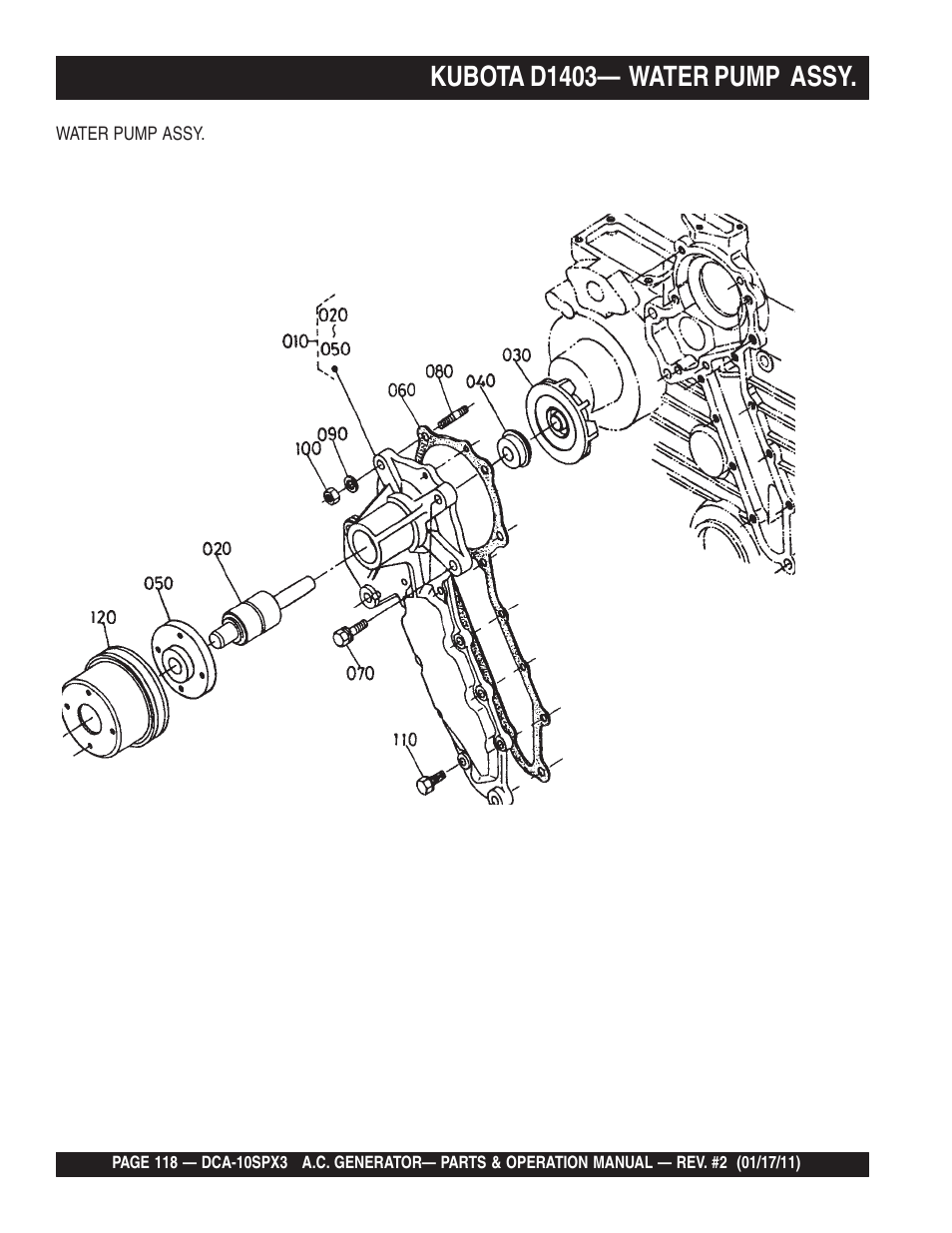 Kubota d1403— water pump assy | Multiquip MQ Multiquip MQPower 60Hz Generator DCA10SPX3 User Manual | Page 118 / 126