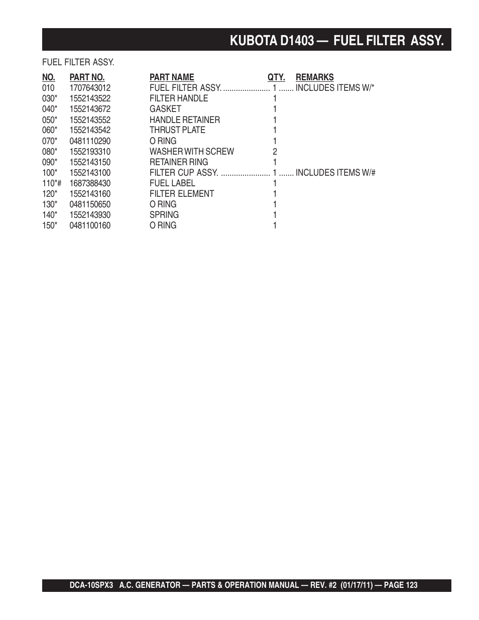 Kubota d1403 — fuel filter assy | Multiquip MQ Multiquip MQPower 60Hz Generator DCA10SPX3 User Manual | Page 123 / 126