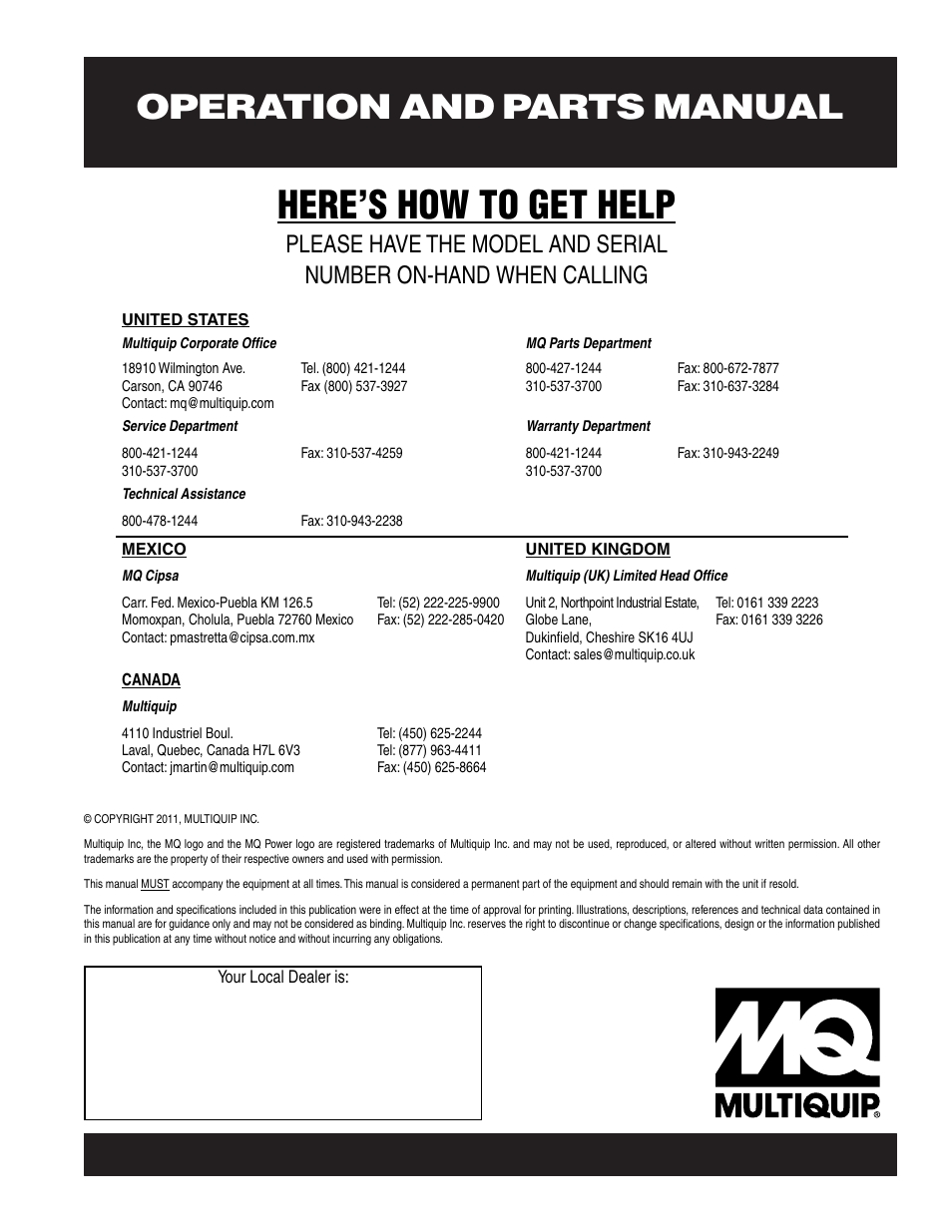 Here’s how to get help | Multiquip MQ Multiquip MQPower 60Hz Generator DCA10SPX3 User Manual | Page 126 / 126