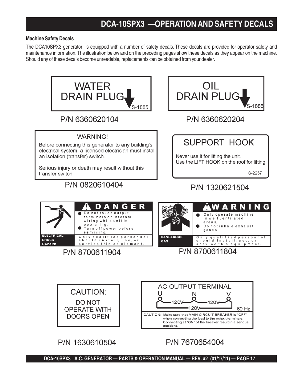 Dca-10spx3 —operation and safety decals | Multiquip MQ Multiquip MQPower 60Hz Generator DCA10SPX3 User Manual | Page 17 / 126