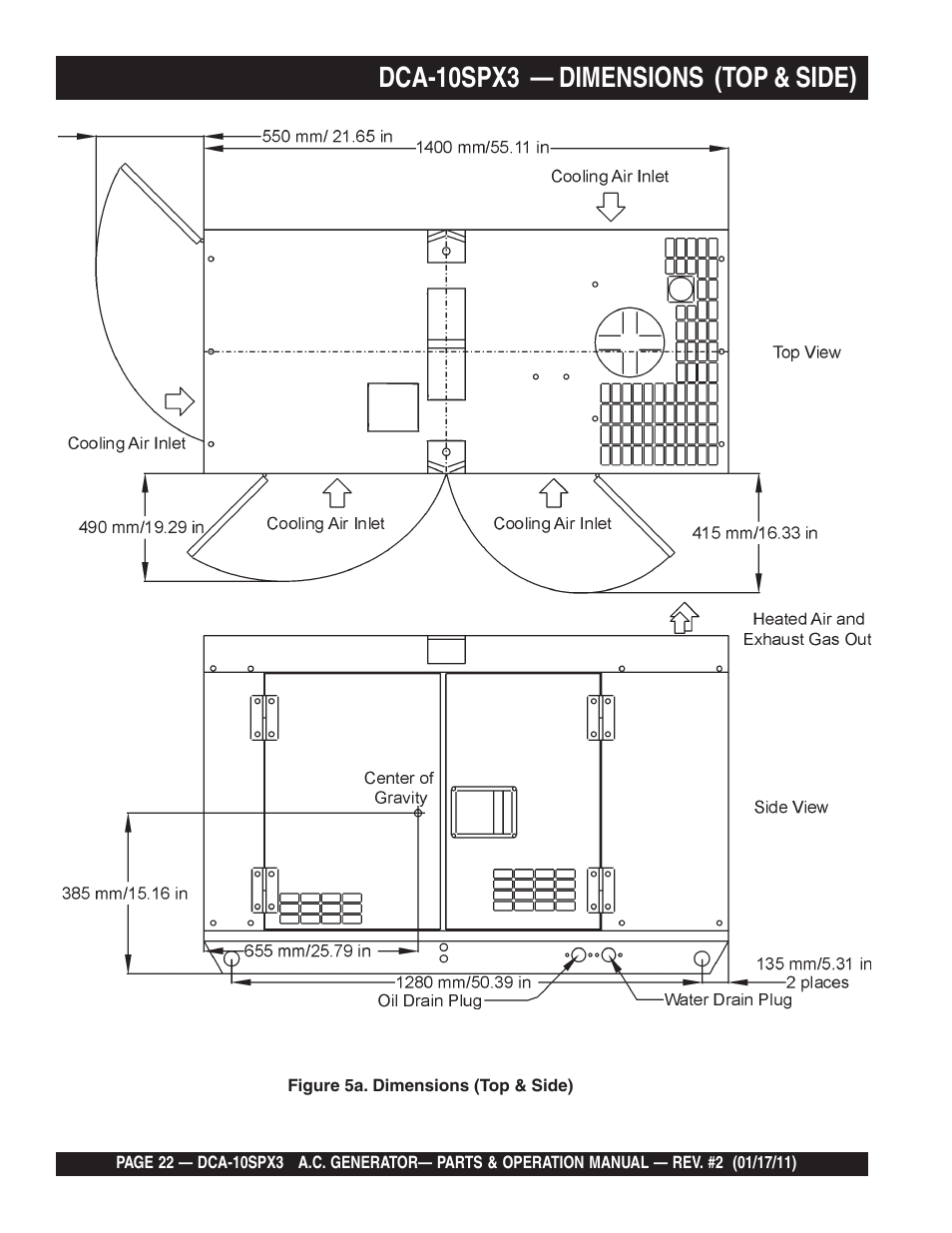 Dca-10spx3 — dimensions (top & side) | Multiquip MQ Multiquip MQPower 60Hz Generator DCA10SPX3 User Manual | Page 22 / 126