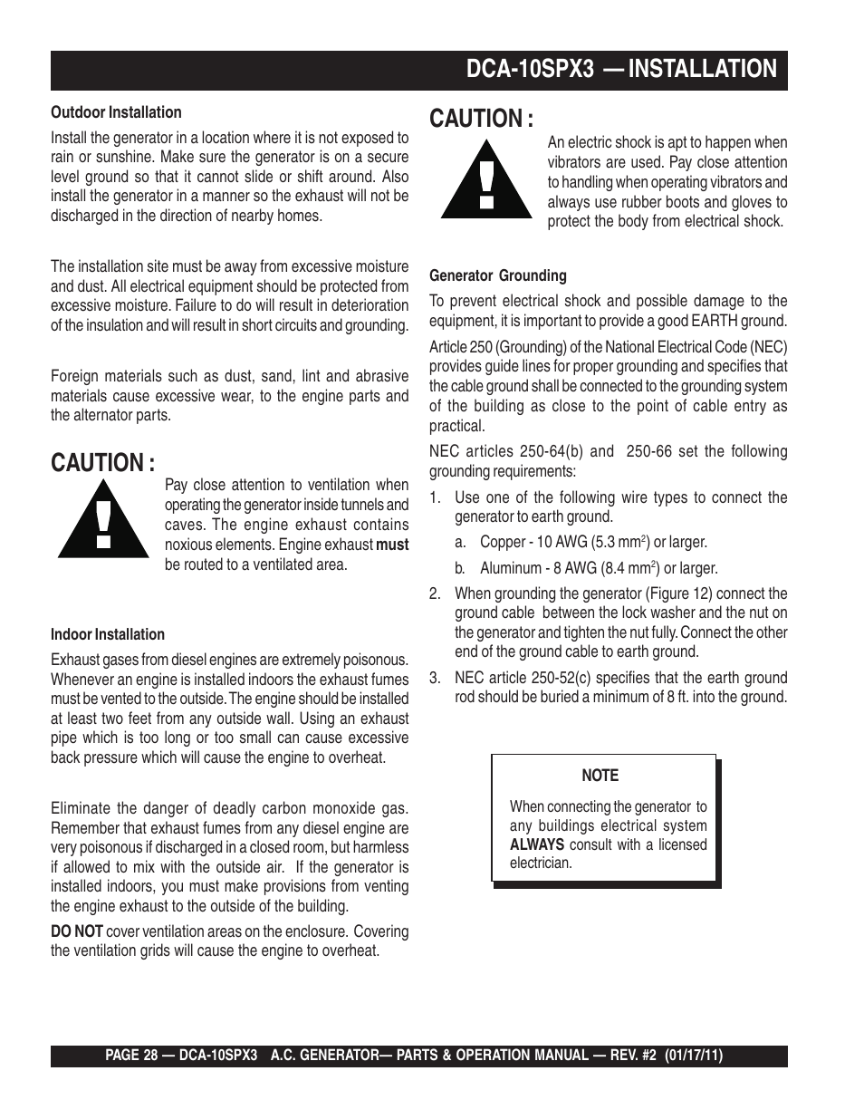 Dca-10spx3 — installation, Caution | Multiquip MQ Multiquip MQPower 60Hz Generator DCA10SPX3 User Manual | Page 28 / 126