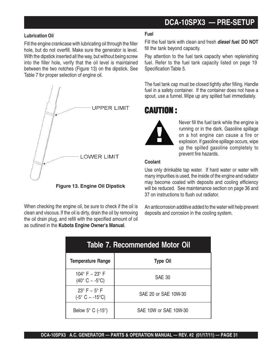 Dca-10spx3 — pre-setup, Caution | Multiquip MQ Multiquip MQPower 60Hz Generator DCA10SPX3 User Manual | Page 31 / 126
