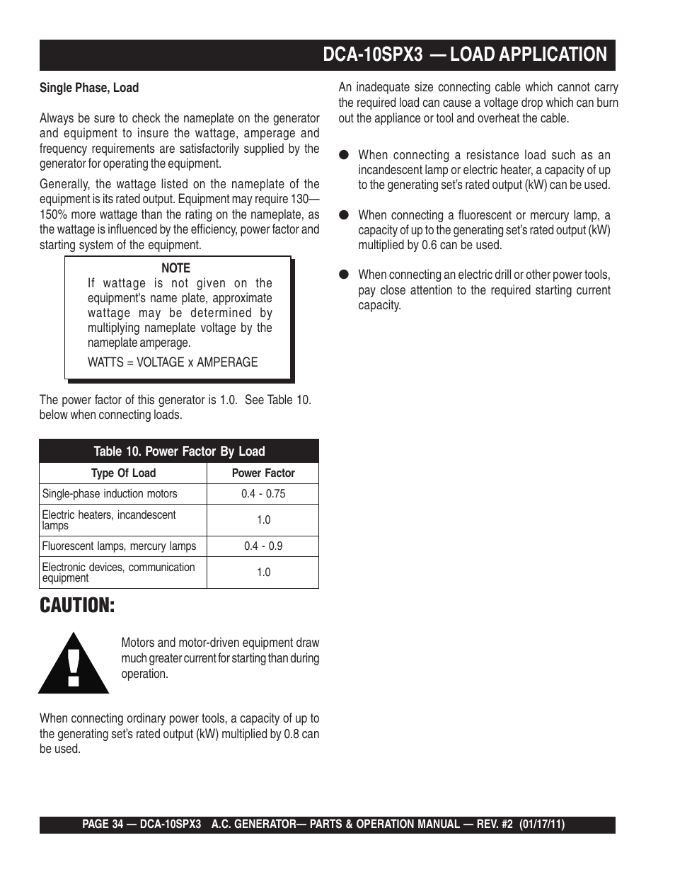 Dca-10spx3 — load application, Caution | Multiquip MQ Multiquip MQPower 60Hz Generator DCA10SPX3 User Manual | Page 34 / 126