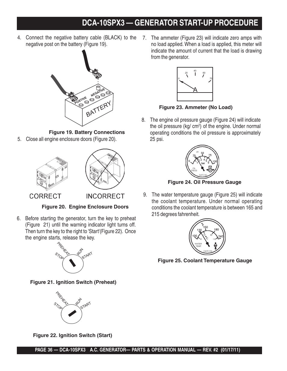 Dca-10spx3 — generator start-up procedure, Batter y | Multiquip MQ Multiquip MQPower 60Hz Generator DCA10SPX3 User Manual | Page 36 / 126