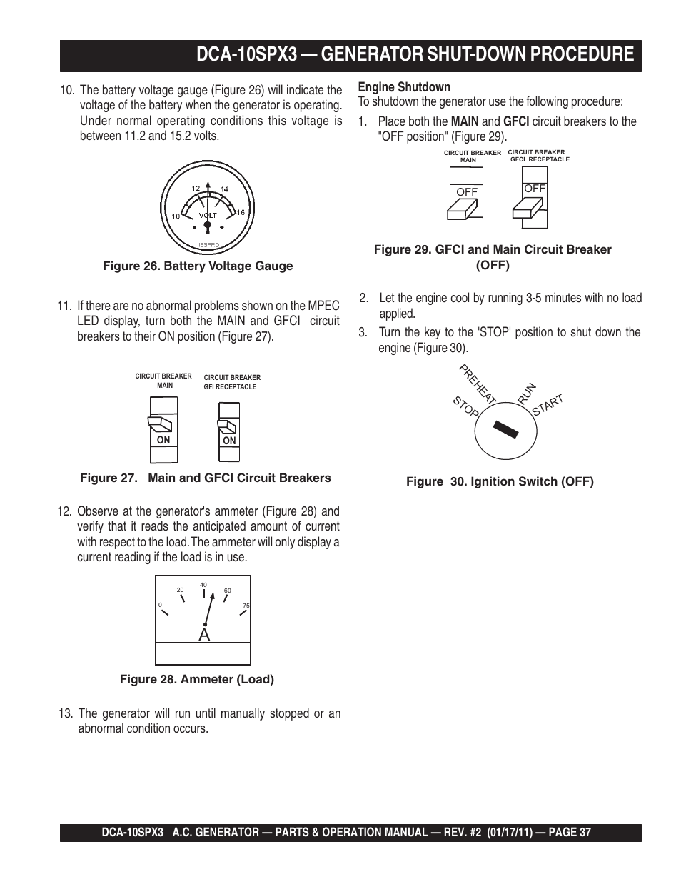 Dca-10spx3 — generator shut-down procedure | Multiquip MQ Multiquip MQPower 60Hz Generator DCA10SPX3 User Manual | Page 37 / 126