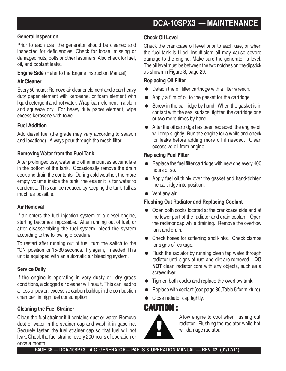 Dca-10spx3 — maintenance, Caution | Multiquip MQ Multiquip MQPower 60Hz Generator DCA10SPX3 User Manual | Page 38 / 126