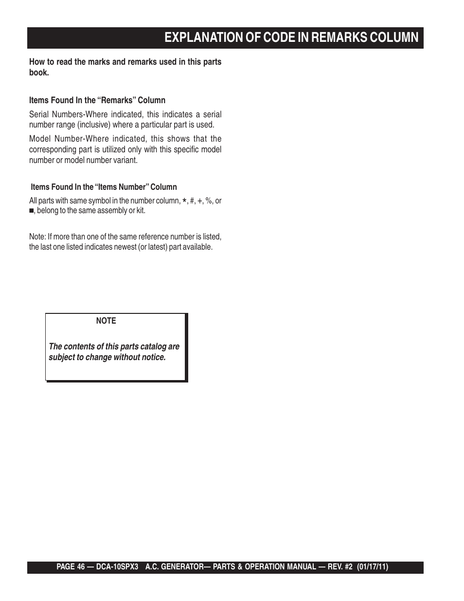 Explanation of code in remarks column | Multiquip MQ Multiquip MQPower 60Hz Generator DCA10SPX3 User Manual | Page 46 / 126