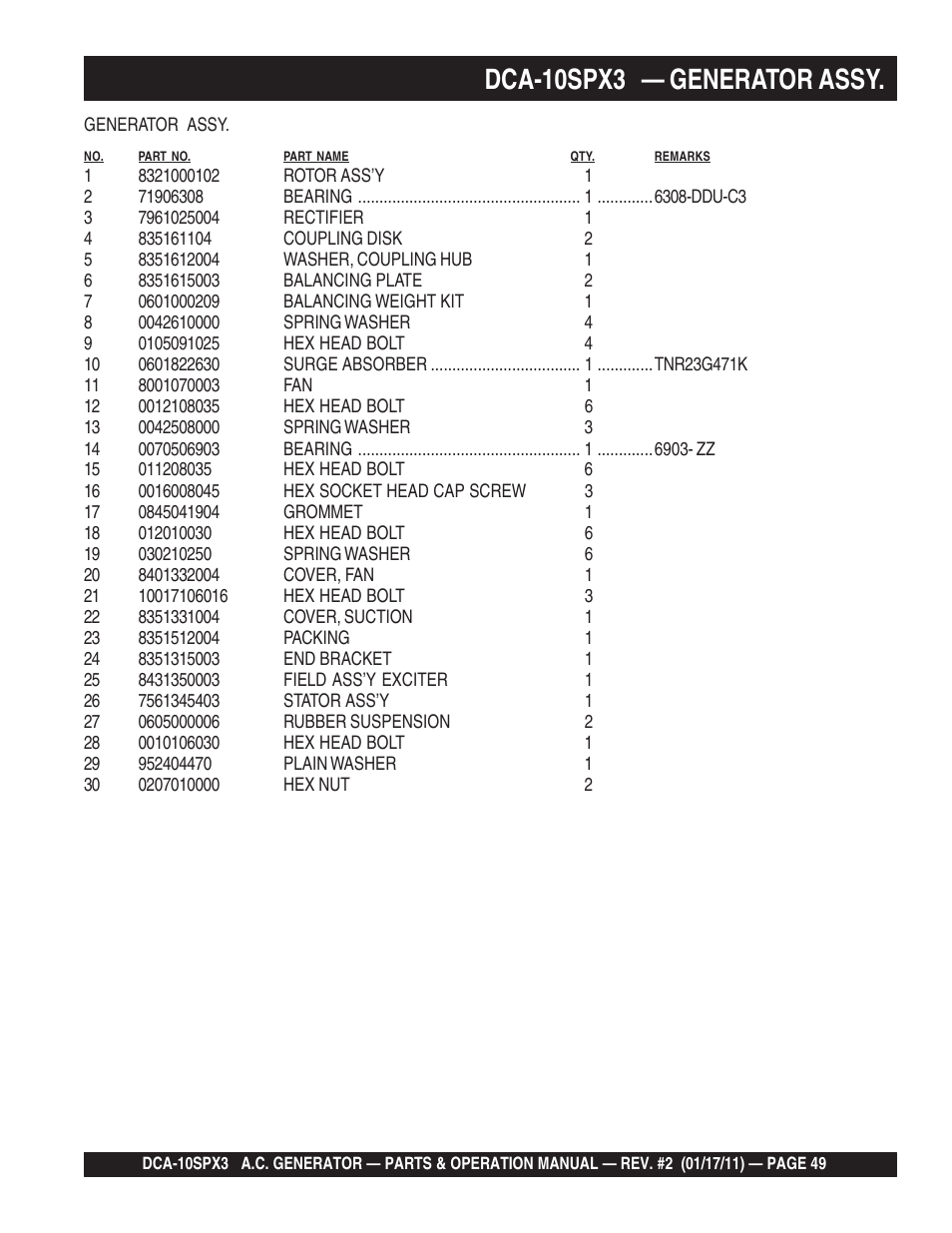 Dca-10spx3 — generator assy | Multiquip MQ Multiquip MQPower 60Hz Generator DCA10SPX3 User Manual | Page 49 / 126