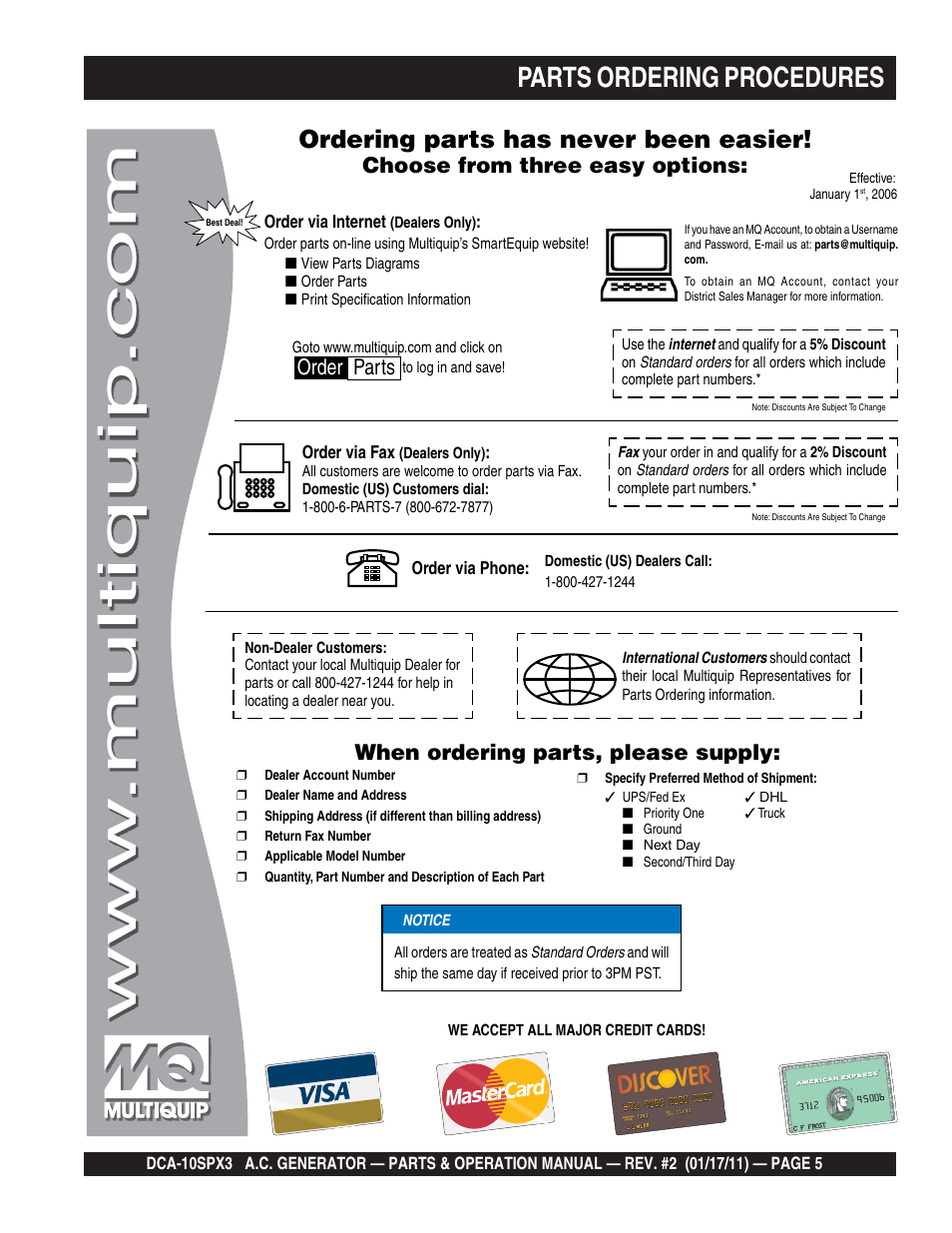 Parts ordering procedures, Ordering parts has never been easier, Choose from three easy options | When ordering parts, please supply, Order parts | Multiquip MQ Multiquip MQPower 60Hz Generator DCA10SPX3 User Manual | Page 5 / 126