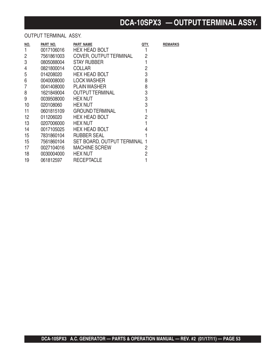 Dca-10spx3 — output terminal assy | Multiquip MQ Multiquip MQPower 60Hz Generator DCA10SPX3 User Manual | Page 53 / 126