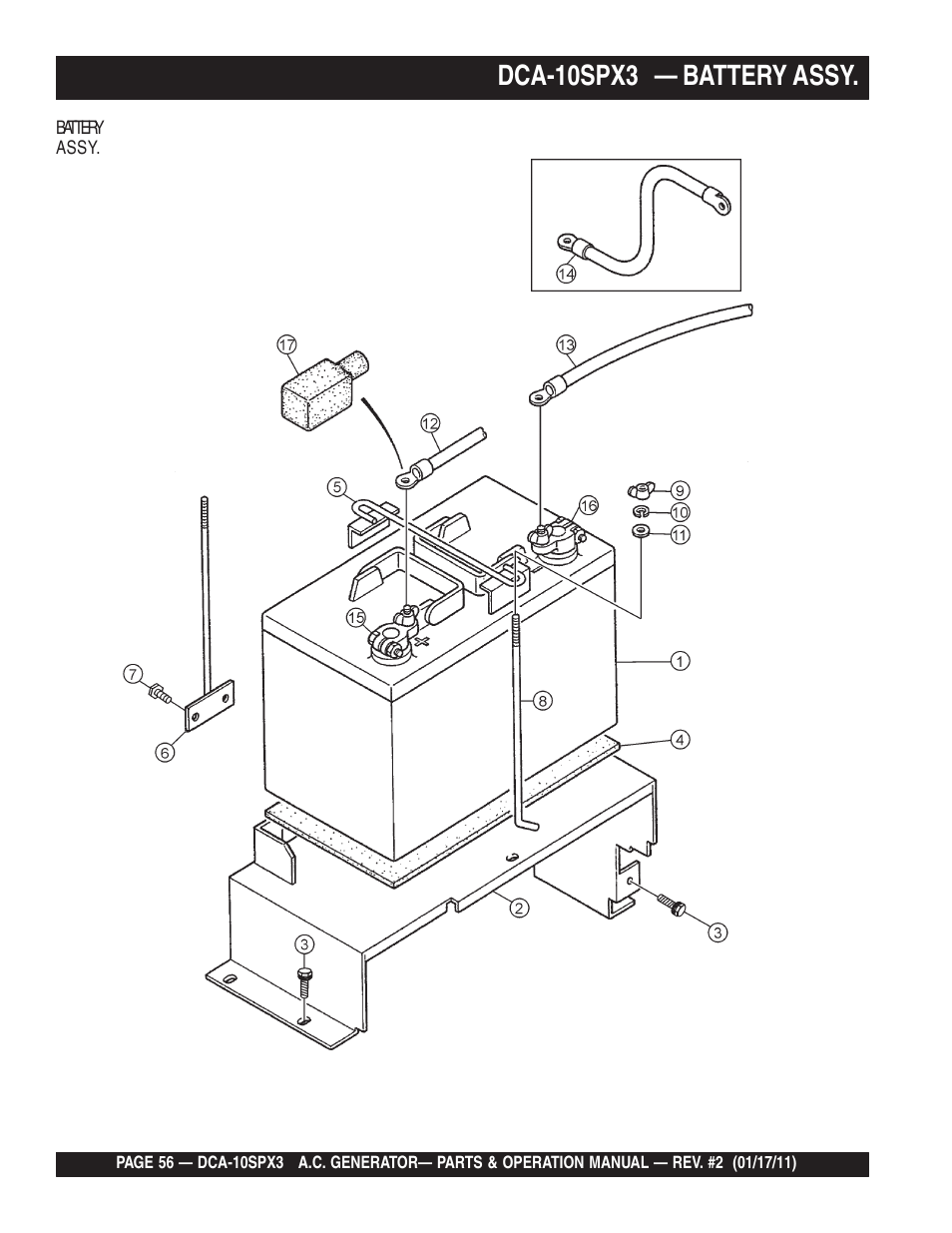 Dca-10spx3 — battery assy | Multiquip MQ Multiquip MQPower 60Hz Generator DCA10SPX3 User Manual | Page 56 / 126